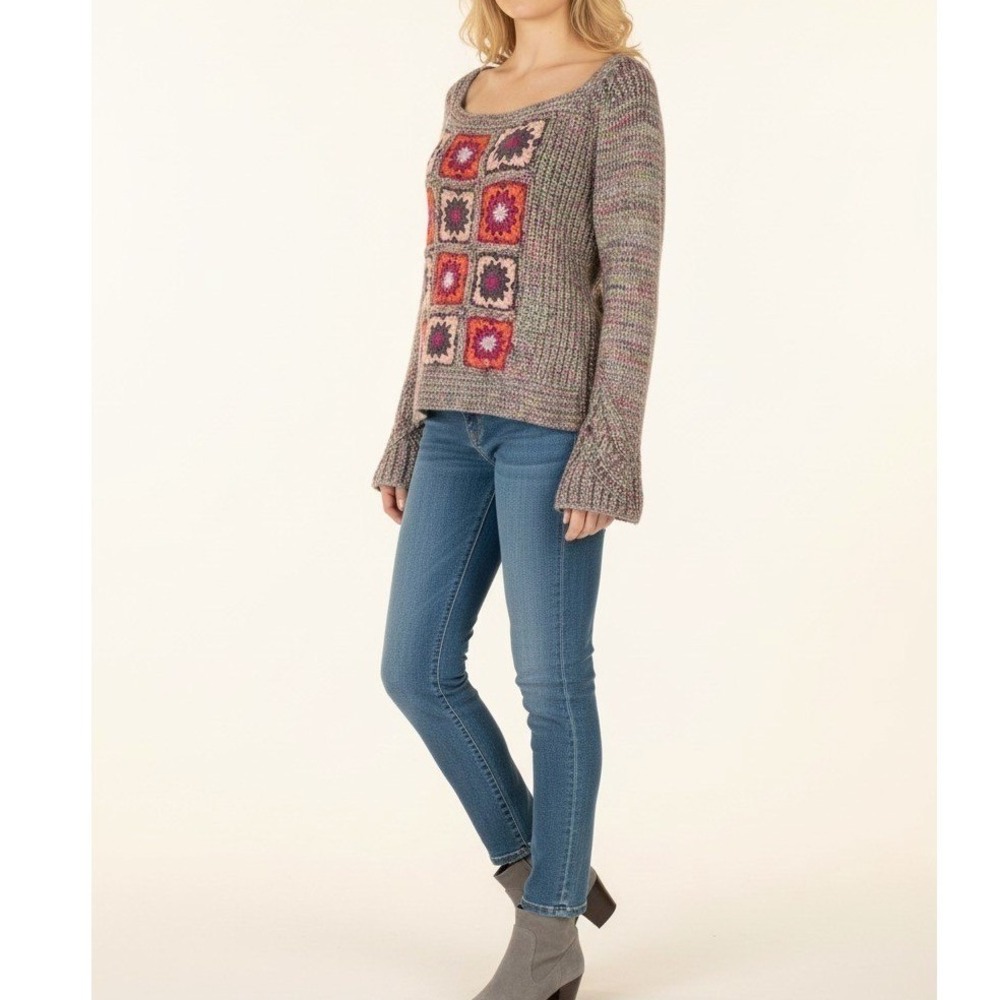 Odd Molly Patchwork Granny Square Detail Knit Sweater Bell Sleeve Sz 3 US Large
